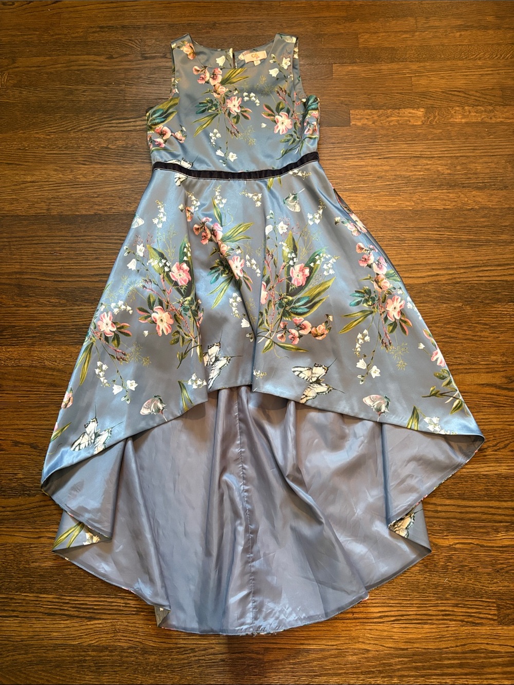 GB girls Dusty Blue Floral High-Low Dress with Velvet Waistband